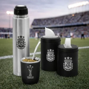 Consultar por stock – Termo plateado, mate viajero y set latas clubes fútbol